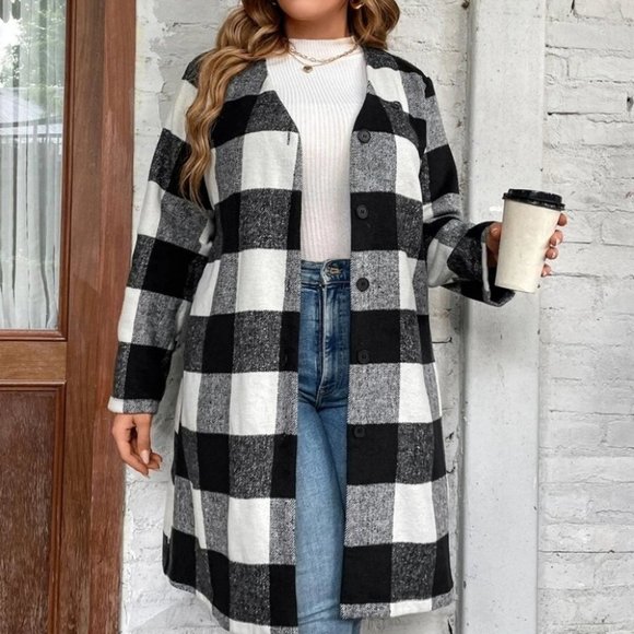 Plus Size Plaid Button Down Front Flannel Coat Duster Jacket - Picture 1 of 6